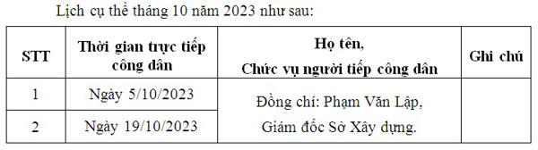 Thông báo lịch tiếp công dân Định kỳ tháng 10 năm 2023 của Lãnh đạo Sở Xây dựng Đắk Lắk.